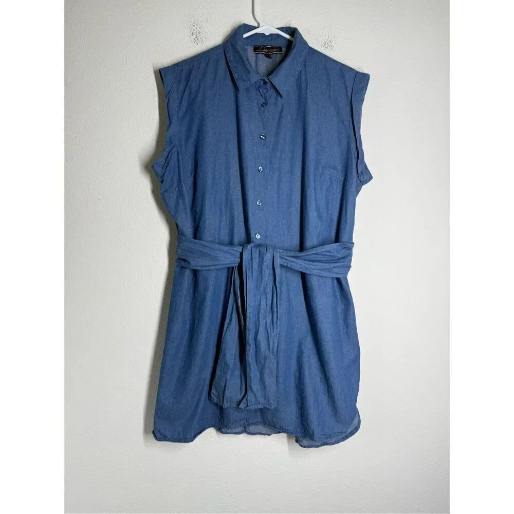 Love University Women’s Light Denim Bow Shirt Dress Short Sleeve Size XL Blue